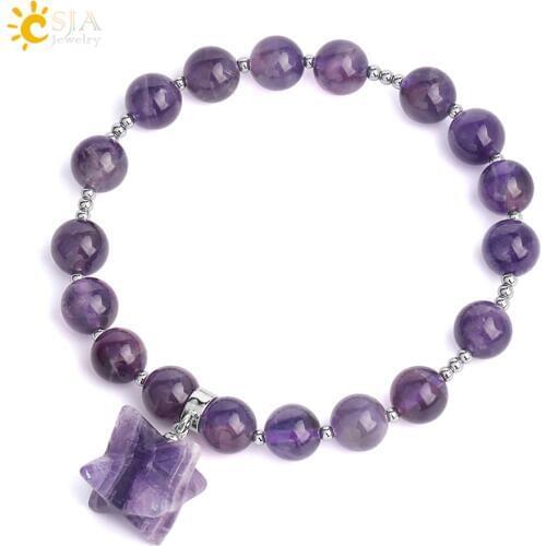 CSJA White Quartz Purple Crystal Bracelet Natural Stone Spiritual Energy Merkaba Fashion Bracelets Women Men Reiki Jewelry F777
