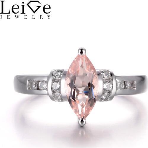 LeiGe Jewelry Natural Pink Morganite Wedding Rings Marquise Cut Pink Gemstone Solid 925 Sterling Silver Unique Rings for Women