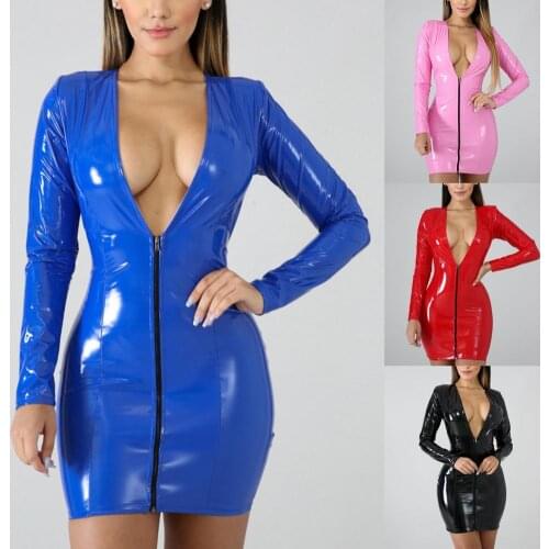 Women Latex Faux Leather Bodycon Mini Dress Summer Strap Sexy Club Vestido Women Deep V Neck Long Sleeve Slim Faux Leather Dress