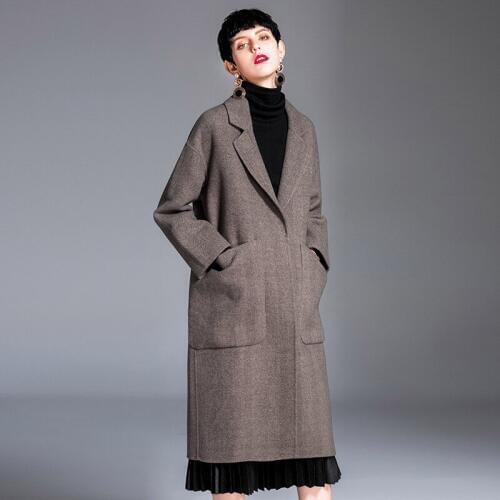 Womens winter overcoats grey herringbone belt Double-sided wool cashmere outwear 2019 autumn plus size ladies long free ship