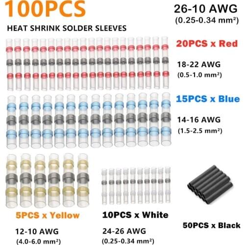 100PCS Assortment Heat Shrink Wire Connectors Insulated Solder Sleeves Waterproof Fast Butt Terminals Shrinking Tube Kit