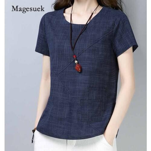 2020 Vintage Linen Cotton Womens Blouses Plus Size Solid Women Tops Short Sleeve Pocket O-Neck Women Shirt Blusas Mujer 2127 50