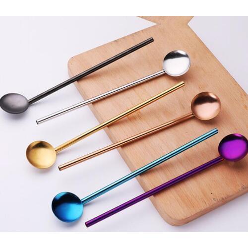 304 Stainless Steel Long Handle Coffee Stirring Straw Spoon Drinking Straw Teaspoon Bar Tool LX8095