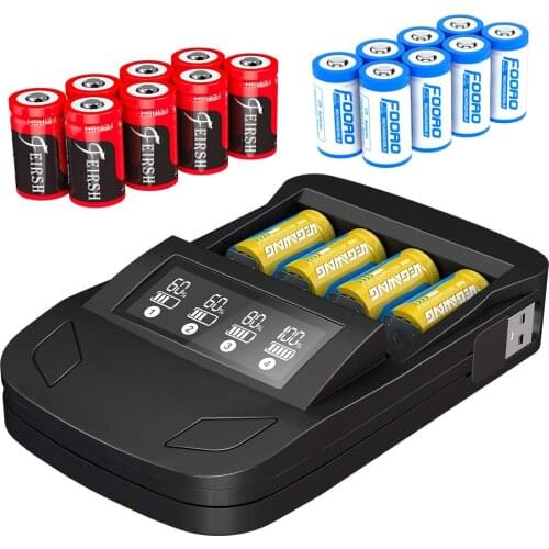 3.7V 800mAh 16340 CR17345 CR123A Rechargeable Batteries and LCD Digital CR123A battery Charger for Arlo Wireless Cameras VMC3030