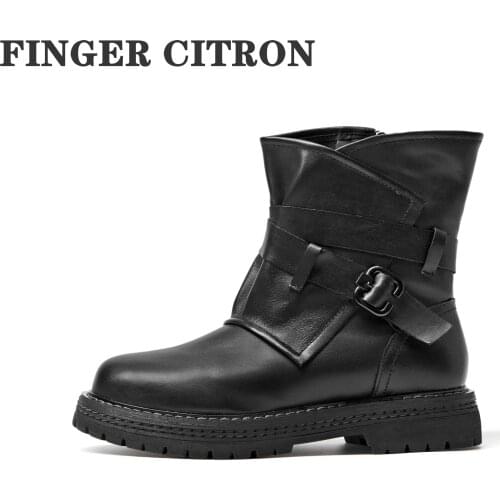 Finger Citron Women Motorcycle Anckle Boots Genuine Cow Leather For Spring Autumn Winter Platform Rubber By Handmade Size 35-40