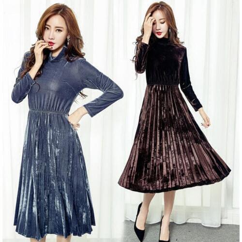 Elegant Turtleneck Velvet Dress 2020 Europe A-Line Pleated Velour Dresses Height Waist Winter Velvet Dresses Long Sleeve Dress