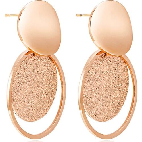 FAMI Trendy Metallic Circle Stud Earrings Titanium Steel Plated Rose Gold Frosted Geometric Circle Female Earring