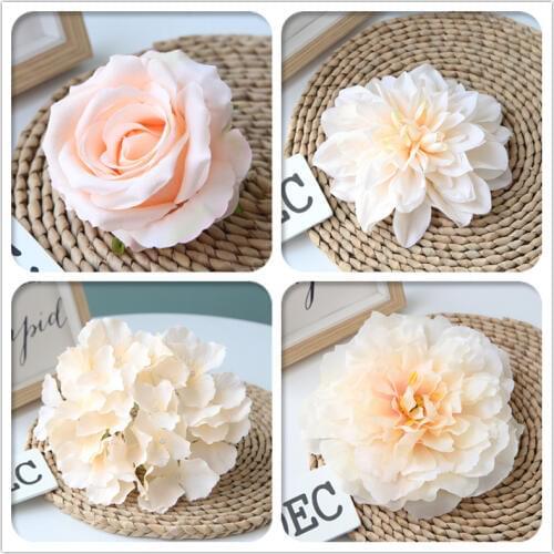 Champagne Color Artificial Flower Wedding Rose Peony Hydrangea Plant Bouquet Wedding Decoration DIY Home Party Fake Flowers