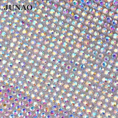 JUNAO 5 Yard*24cm Hot Fix Rhinestones Ribbon Trim Glass Crystal Fabric Roll Wedding Diamond Mesh Iron On Appliques Decoration