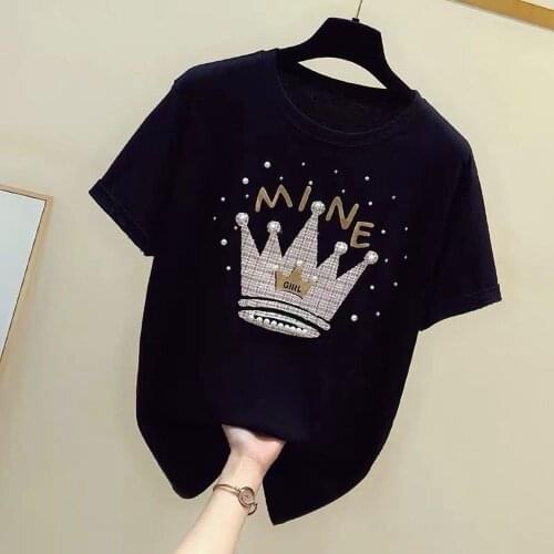 Korean Version Heavy Industry Beaded Short-sleeved Round Neck T-shirt Womens Loose All-match Blouse Slim Tops for Women 2021