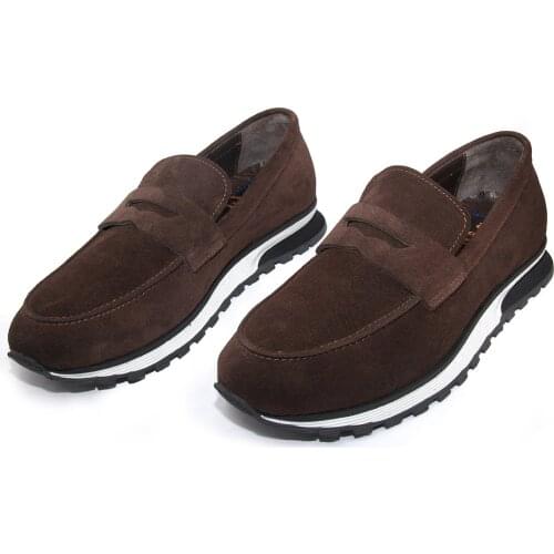 Handmade Brown Suede Penny Loafers with Lightweight Height Increasing Sport Sole, Calfskin, Full Leather Insole, Medern Classic