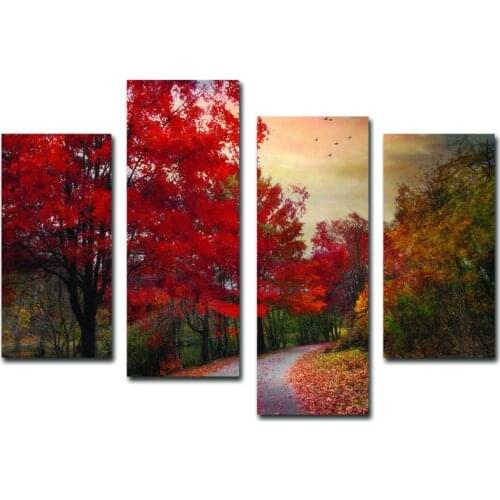 Red Maple Landscape 4 Panels Art Modern Large Wall Pictures For Living Room Decorative Picture Hot Selling Canvas Artwork