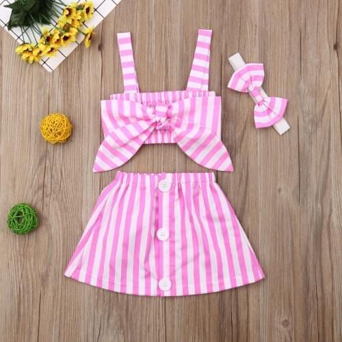 3PCS Summer Fashion Toddler Baby Girl Summer Crop Striped Tops Sleeveless T shirt Short Skirt Outfits Clothes 6M-3Years