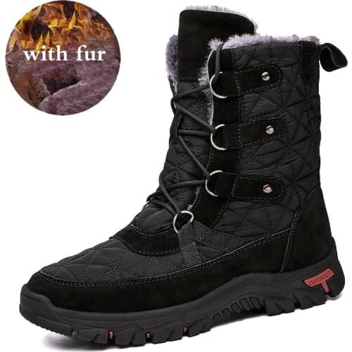 Mens Boots Pop Winter Shoes Solid Color Lace-up Mens Snow Boots Waterproof Non-slip Thick Fur Winter Boots Large Size 38-48