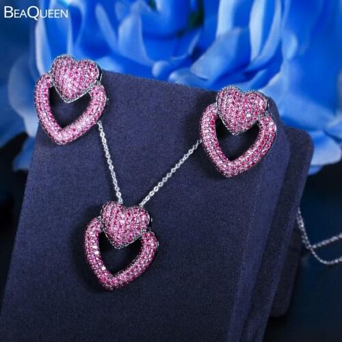 BeaQueen Heart Shaped Red Earrings Necklace Micro Paved Cubic Zirconia Crystal Jewelry Sets Accessories for Women Party JS282