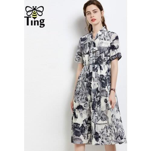 Tingfly Summer Vintage Elegant Printing Bowknot Collar Casual Streetwear Dress Midi Vestidos Pleated Office Work Elbise Robes