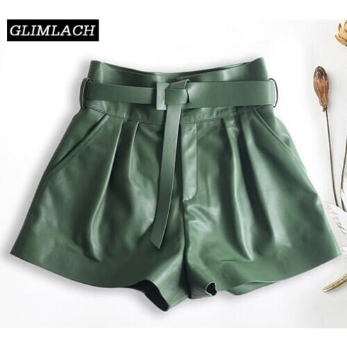 Women Harajuku Genuine Leather Shorts With Belt Femme Sexy High Waist A-Line Real Leather Shorts Ladies Wide Leg Hotpants Mujer