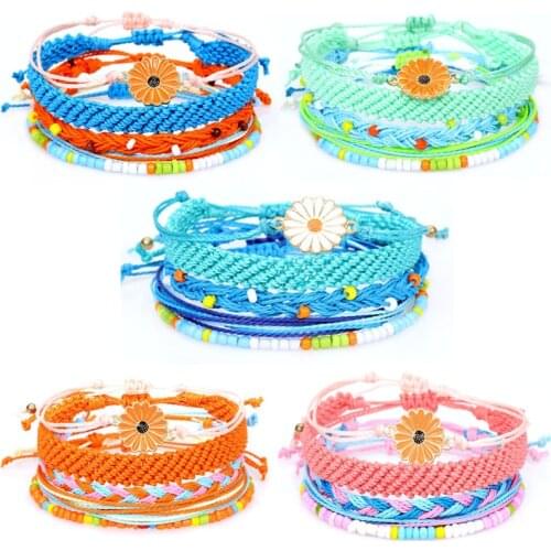 5 pcs/set vintage bohemian handmade briaded weaved daisy flower colorful acrylic beads bracelets for women wedding party gift