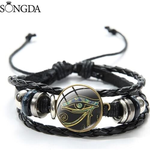 Vintage Ancient Egypt Horus Eye Leather Bracelet Art Photo Glass Time Gem Braided Bracelet Talisman Jewelry Gifts For Women Men