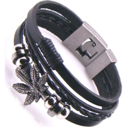 Vintage Punk Leather Bracelet for Men Women Maple Leaf Charm Bangle Cuff Bracelet