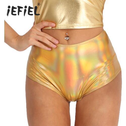 Women Female Lady Shiny Panties Metallic Bodycon Patent Leather Back Zipper Booty Shorts Brief Bottoms for Dancing Costume