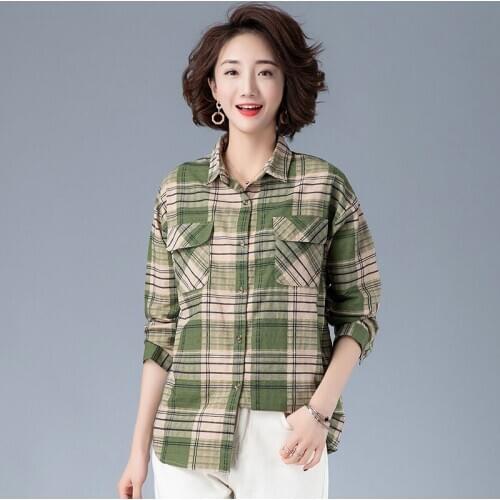 Plus Size Women Cotton Linen Casual Shirts New 2020 Autumn Korean Style Vintage Plaid Loose Female Long Sleeve Tops S2614