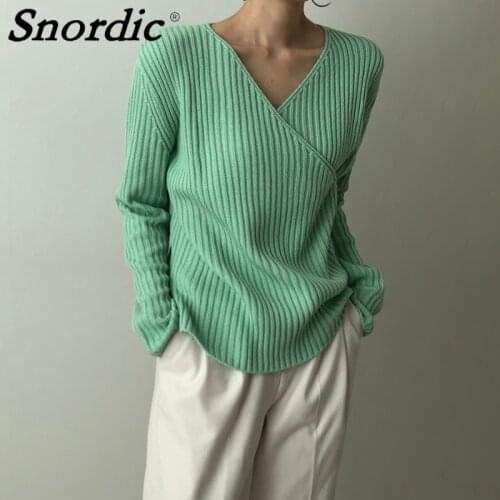 2021 Women Autumn Green V Neck Knitted Sweater Jacket Basics Pullover Jumpers Casual Knitting Tops