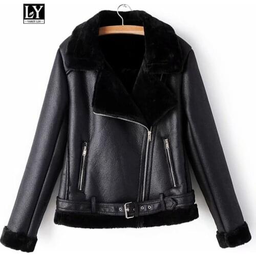 Ly Varey Lin Winter Warm Women Faux Lamb Wool Fur Jacket Overcoat Turndown Collar Zipper Thicknessblack Punk Leather Outwear