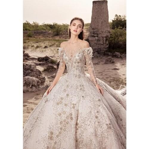 Design Ball Gown Wedding Dresses Long Sleeve Appliqued Lace Beads Bridal Gowns 2021 Custom Made Sweep Train Vestido De Novia