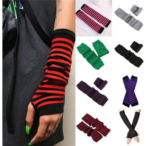 1 Pair Fashion Ladies Striped Elbow Gloves Warmer Knitted Long Fingerless Gloves Women Elbow Mittens Sun Screen Arm Sleeves