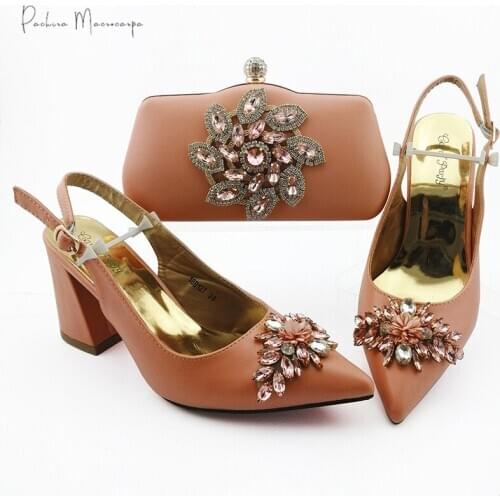 2021 African Hot Selling Italian Design Nigerian Fashion Style Women Shoes and Bag Set Decorated With Rhinestone in Peach