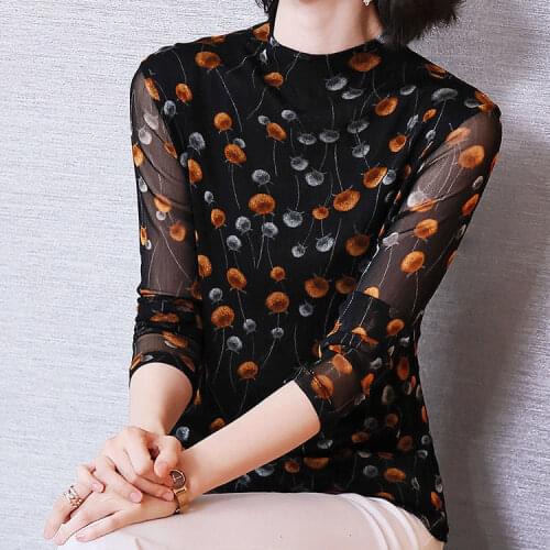 Velvet Printed Lace Half High Neck Bottoming Shirt Floral New Elastic Mesh Long-sleeved T-shirt Korean Fashion Top Blusa