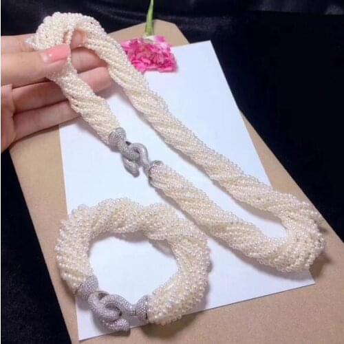 Free shipping Jewelry 3-4mm natural south sea white pearl necklace bracelet micro inlay zircon crystal