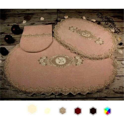 Bonny Home Lisa Pink 3 Pieces Plush Bath Mat Non Slip Leather Based Machine Washable Lacy Rug Set