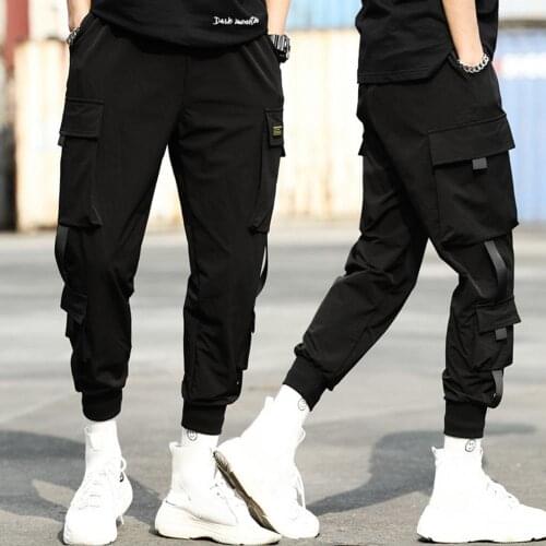 Men Casual Sweatpants Elastic Waistband Ankle Tied Pockets Cargo Pants Drawstring Trousers Casual Slim Ankle-length Trousers
