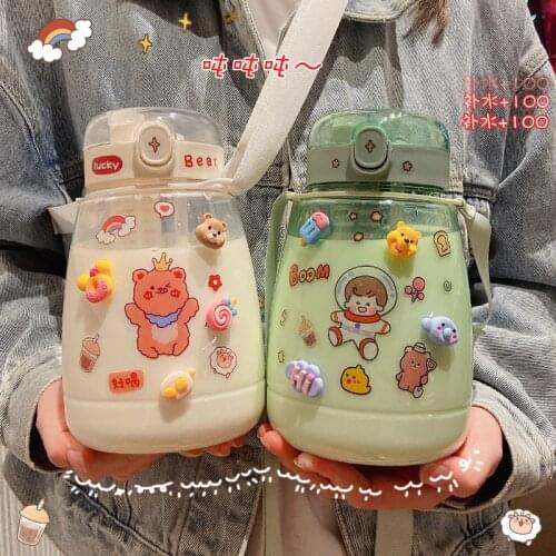 1500 ML Kawaii Big Belly Water Bottle With Straw 3D Stickers Cute Girls Large Capacity Anti-Fall Milk Tea Double Drink Sippy Cup