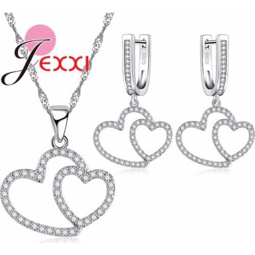 Fine 925 Sterling Silver Jewelry Set Clear CZ Zircon Necklace Earrings Set Sweat Heart Shape for Wedding Bridal Engagement
