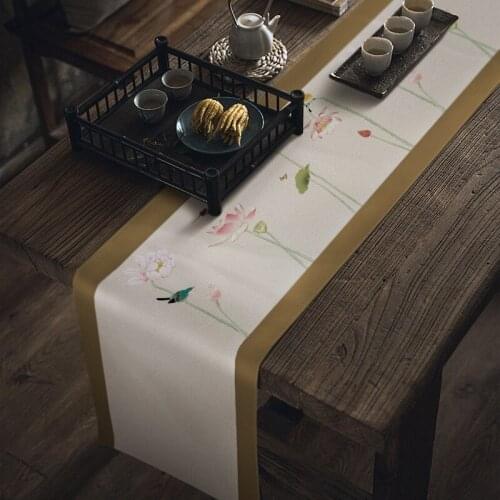 Chinese Lotus Table Runner Linen Simple Tablecloth Table Decoration for Home Party Wedding Tea Cup Mat Dining Table Coffee Cover