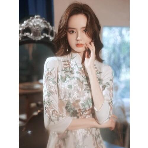 2021 chinese dress improved cheongsam traditional ao dai exquisite embroidery elegant lady formal evening party qipao dress