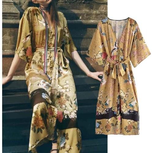 Klkxmyt Za 2021 Kimono Long Dress Woman Yellow Print Beach Dresses Women Midi Vintage With Belt Slipt Summer Elegant Dresses