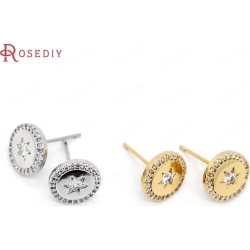 39423)4PCS 10MM 24K Gold Color Platinum Color Brass and Zircon Round Stud Earrings Pins Earrings Jewelry Making Diy Accessories