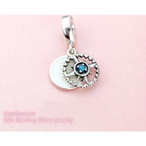Summer 925 Sterling Silver Compass Rose Dangle Charm, Silver Enamel & Cyan Blue Crystal Beads Fit Pandora Charms Bracelet