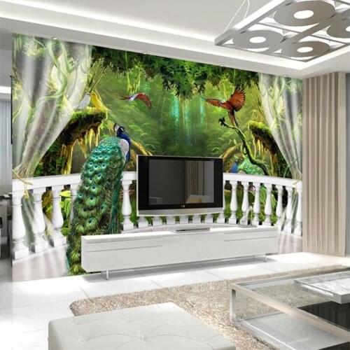 Beibehang Custom wallpaper 3d photo mural woods balcony peacock TV background wall papers home decor papel de parede wallpapers