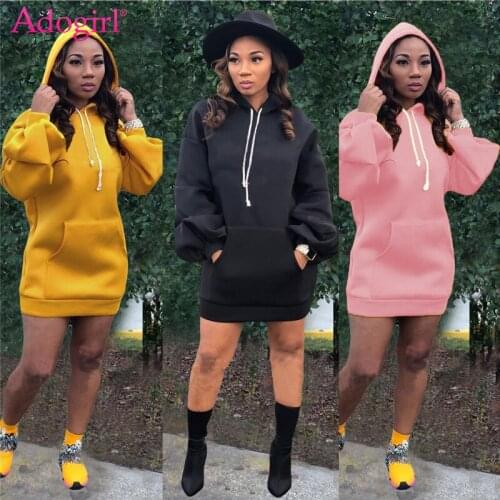 Adogirl 2020 Autumn Women Hoodies Dress Fashion Casual Puff Long Sleeve Pockets Loose Casual Mini Sweatshirts Dresses Vestidos