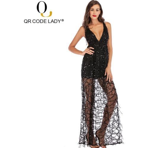 QR Luxury Sequin Summer Dress Women 2019 Sexy Deep V Neck Backless Long Party Dress Female Casual Slim Strapless Maxi Dresses