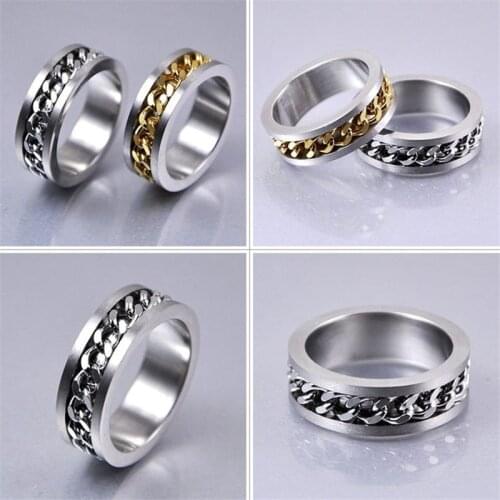 2020 New Silver Color Stainless Steel Rotatable Punk Vintage Ring For Men High Quality Spinner Chain Ring Jewelry