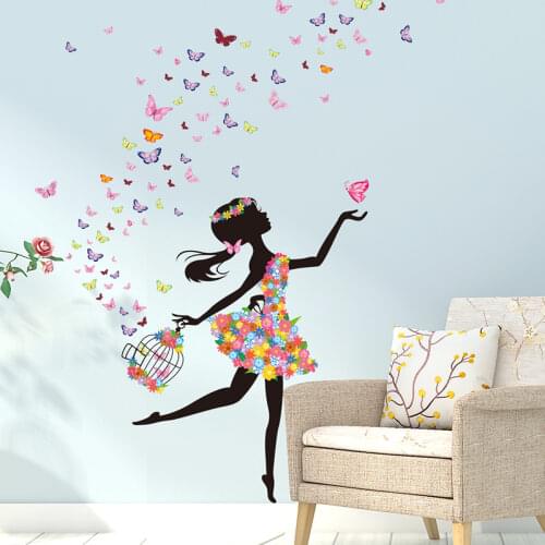 [SHIJUEHEZI] Cartoon Fairy Girl Wall Stickers DIY Butterflies Birdcage Wall Decals for Kids Rooms Baby Bedroom Home Decoration