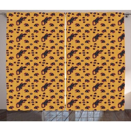 Tribal Lizard Curtains Hand Motives and Circles Print Satin Fabric Drapes for Living Room Bedroom 2 Panel Window Set