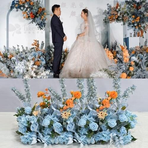 Wedding simulation flower art blue orange color flower row row flower wedding scene background wall decoration window decoration