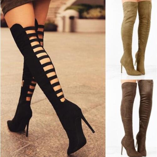 Spring Womens New Fashion Nubuck Over The Knee Boots Sexy Female Hollow Solid Color Thigh Boots Ladies Over The Knee Boots